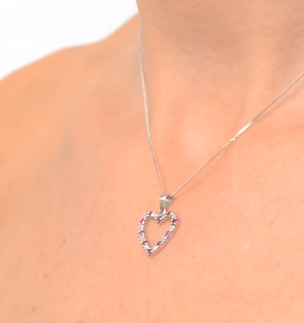 Ruby 0.68CT And Diamond 9K White Gold Heart Pendant Necklace